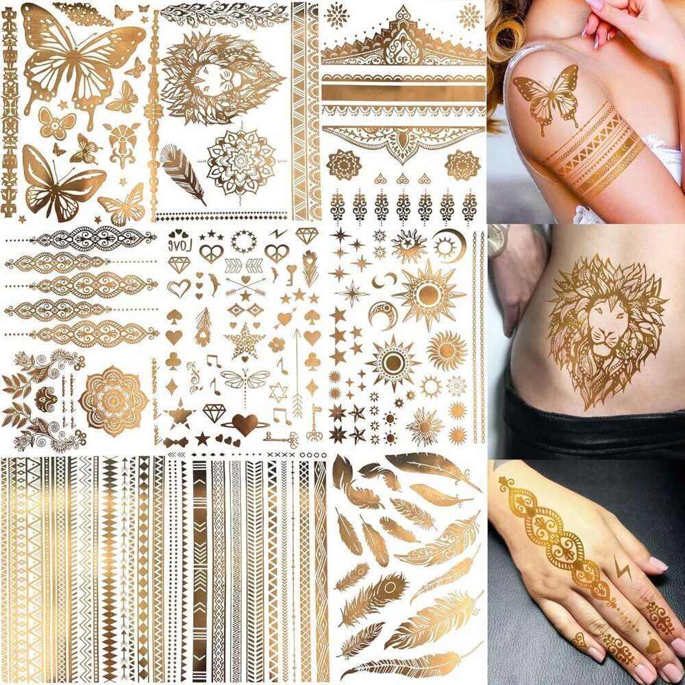 9 Sheets 110+ Designs Flash Gold Temporary Tattoos Metallic For Women Adult, Gir